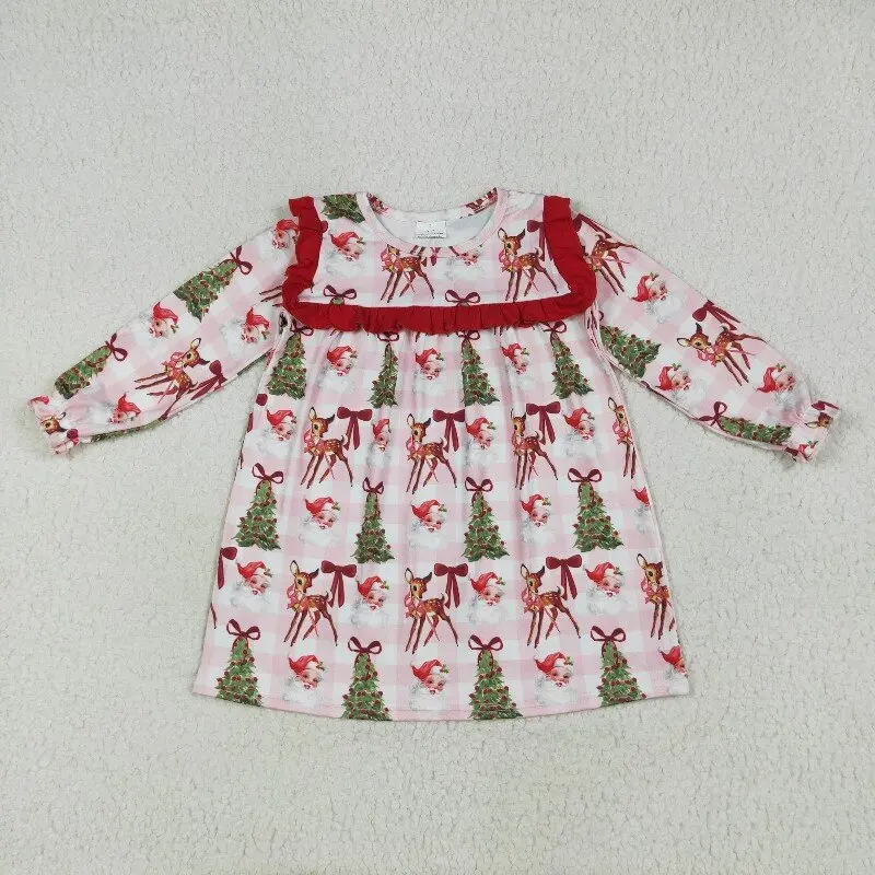 

Зимнее платье с длинными рукавами для девочек, розовая рождественская елка, печенье, бант, бутик, оптовая продажа, мода для девочек
