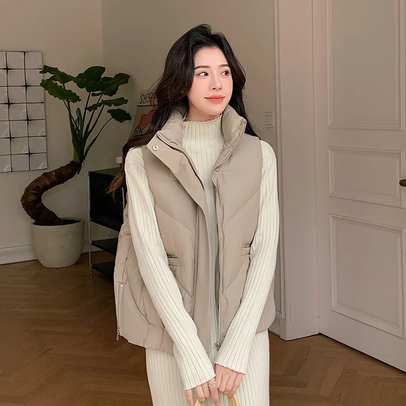 Femmes gilet Parkas manteaux courts solide col montant régulier sans manches épais chaud vestes hiver 2025 épissure fermeture éclair poches manteau