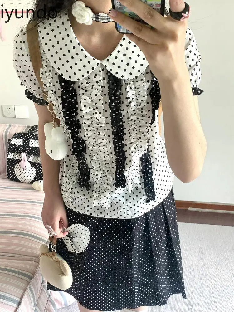 

2025 Summer New Style Beautiful Sexy Style High-end Ancient White Doll Collar Polka Dot Flower Cluster Shirt Top Chemise Femme