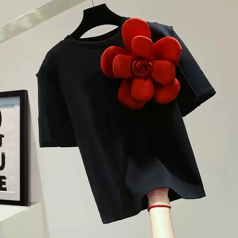 2025 spring new Xiaoxiangfeng three-dimensional sun flower contrasting color design half-sleeved short-sleeved T-shirt