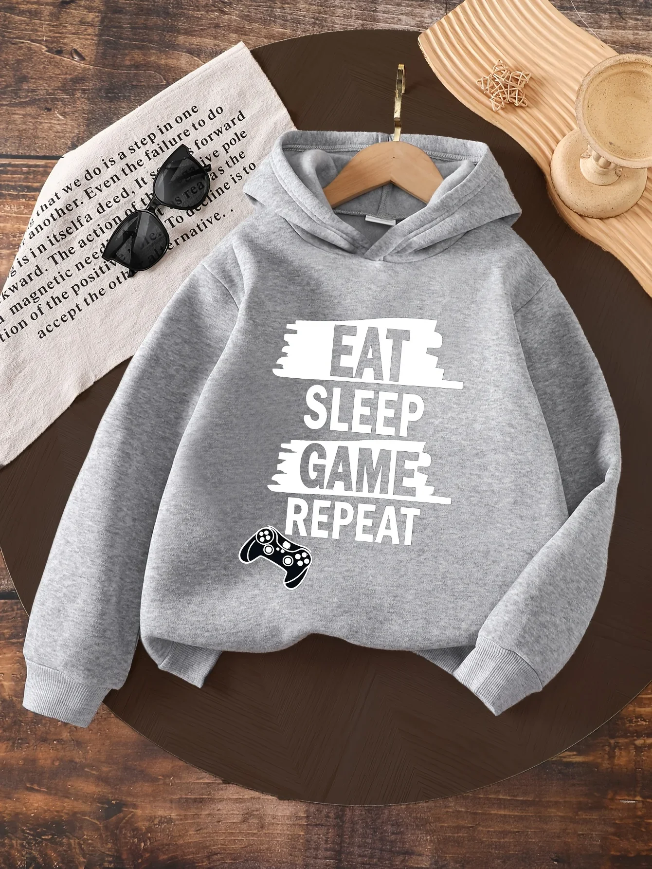 Kids Hoodie Autumn Winter Fleece Eat Sleep Game Repeat Controller Graphic Pullover Sweatshirt Casual Gamer Hooded Top