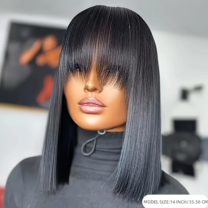 شعر مستعار أسود قصير بوب مستقيم الدانتيل الجبهة الباروكات مع الانفجارات 13X4 HD بوب الدانتيل الباروكة الأمامية قبل قطعها الاصطناعية تأثيري للنساء