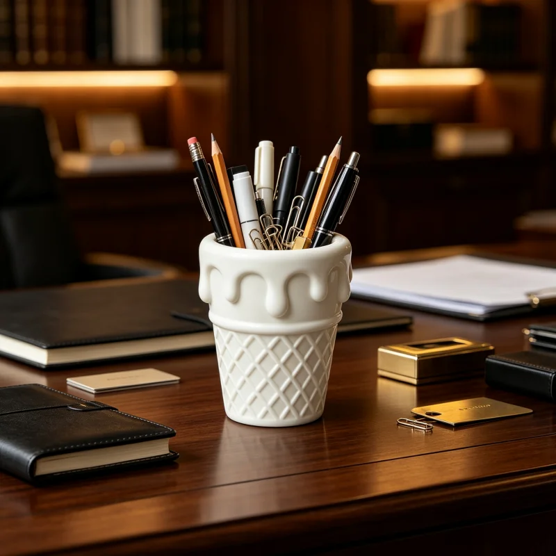 Multifunctional Ice Cream Cone-Shaped Desktop Storage Cup, White Waffle-Patterned Pen Holder, Can Hold Pens, Pencils, Makeup Brushes, Dual-Use for Desk and Dressing Table