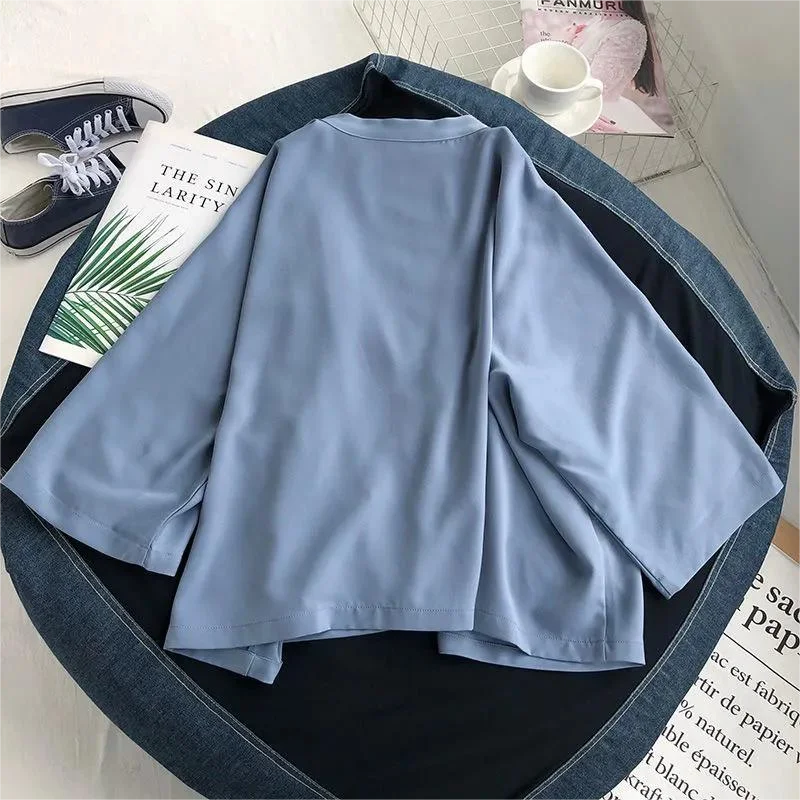 2023 New Summer Fashion Solid Color Simple Lazy Style Loose Relaxed Sunscreen seven-sleeve Women's Versatile Thin Cardigan