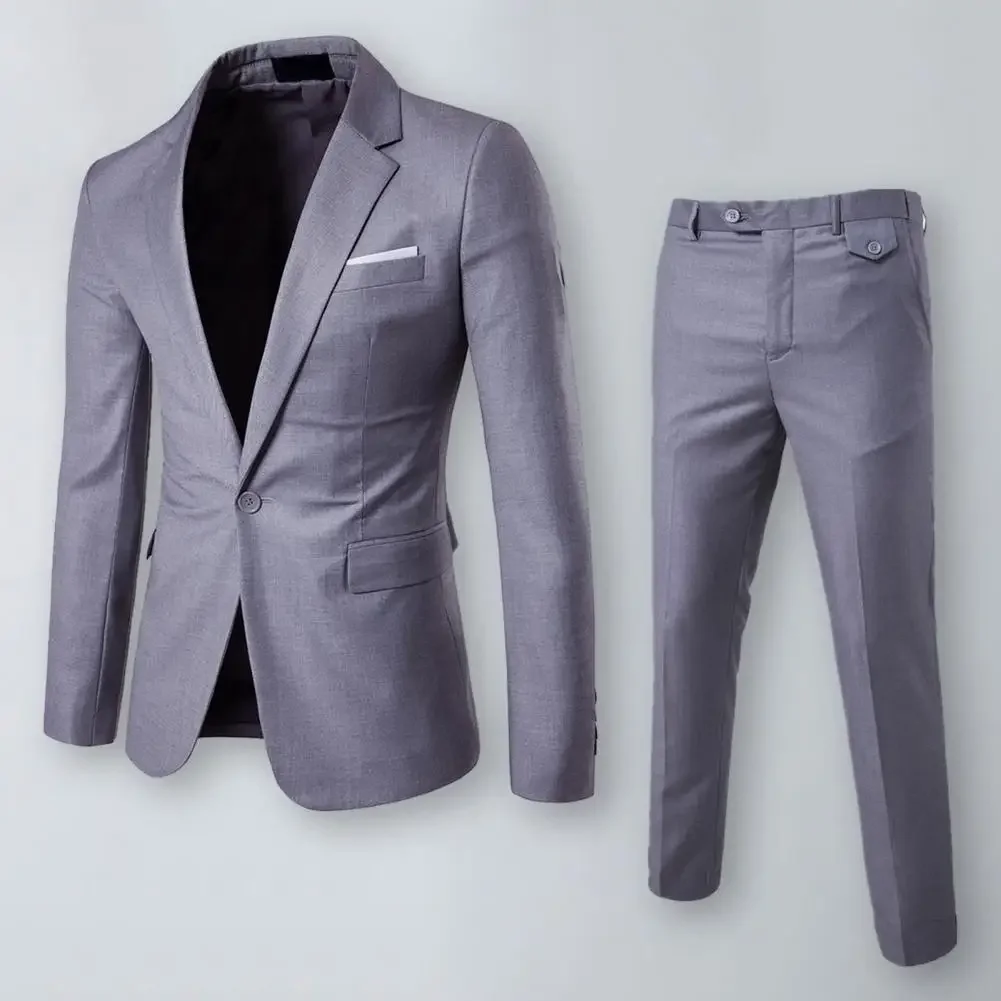 Men Pants Set Men Business Suit Stylish Men's Business Suit Set Lapel Single Button Coat Slim Fit Pants with Pockets