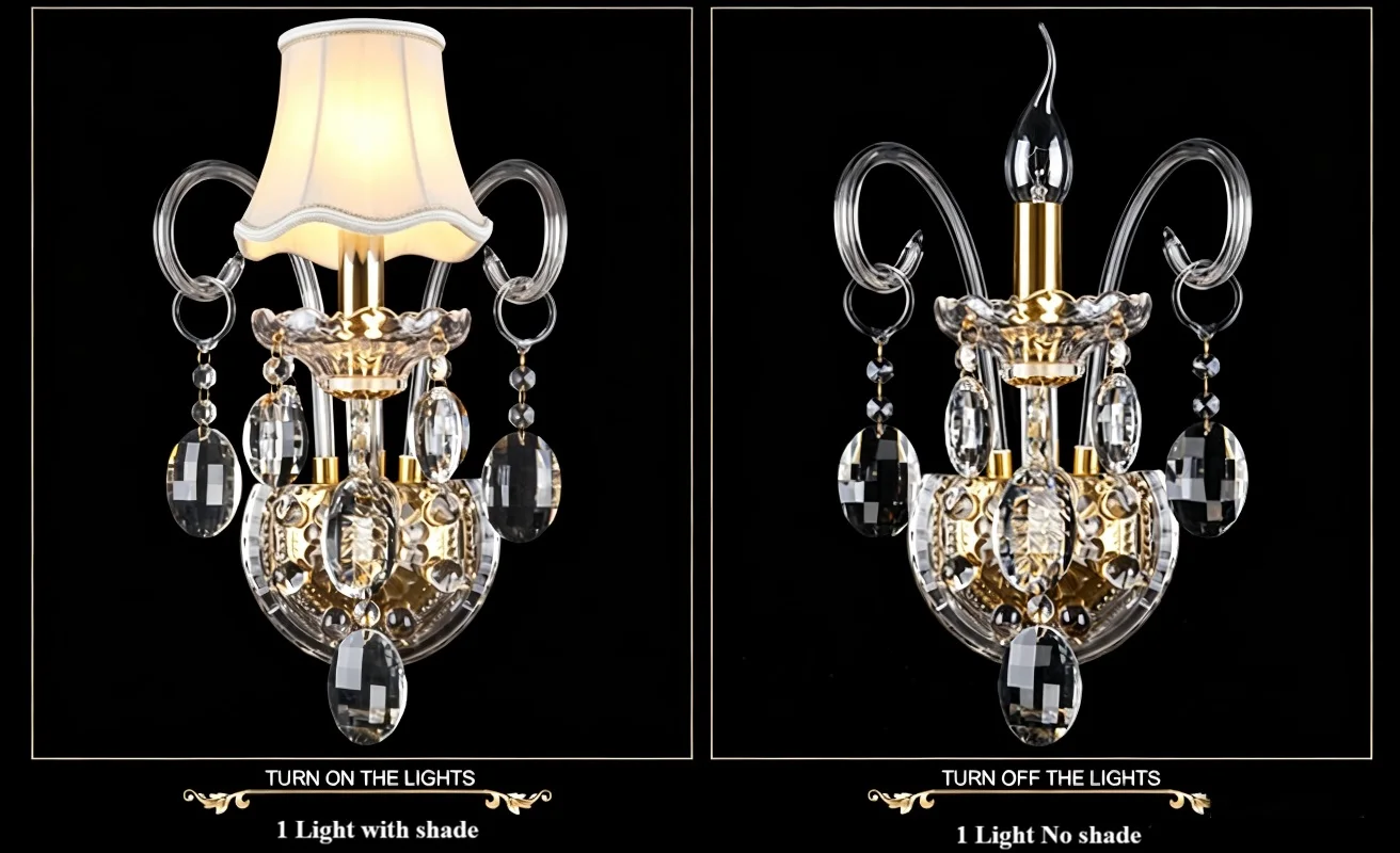 Luxury Top K9 Transparent Gold Crystal Wall Lamp Candle 1/2/3 Lights/Heads LED  Bulbs Lampshades Beside Bed Room Light