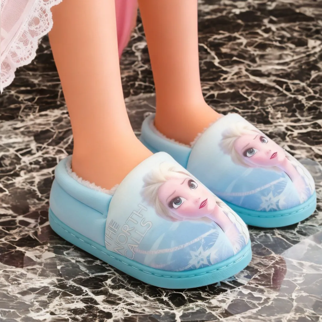 

Winter Children's Cotton Slippers Home Floor Shoes Girls' Warm Cartoon Frozen Kids' Cotton Black Purple Flats Shoes Size 24-35