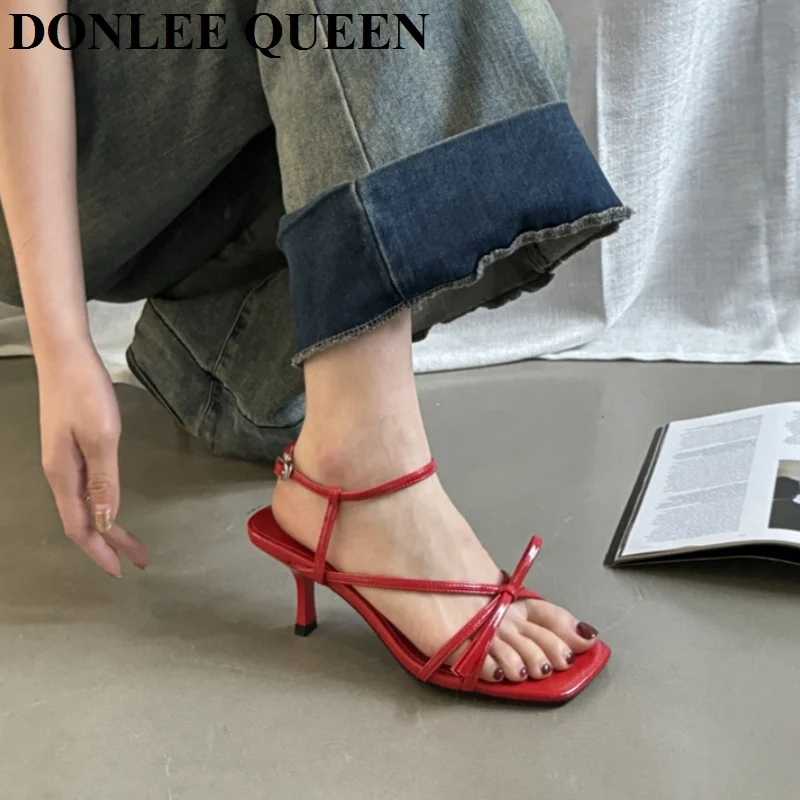 New Fashion Square Toe Sandals Women High Heels Sexy Ladies Shoes Narrow Band Bow Knot Gladiator Sandals Party Ankle Strap Shoes