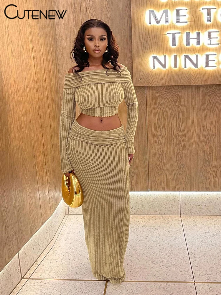 

Cutenew Elegant Ruched Women Maxi Dress High Street Off Shoulder Full Sleeve Tops+Matched Maxi Skirts Mujer Trend Party Outfits