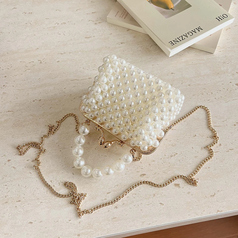 Luxuriöse Designer-Damentasche, handgefertigte Perlen-Tasche, neue Ketten-Schulter-Crossbody-Tasche, Mini-Lippenstift-Etui, Vintage-Perlen-Abendtasche – Detail 11