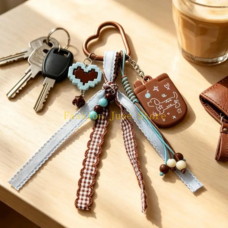 N5KA Cartoon Dachshund Bag Charm Keychain with Heart Clasp Hardware, Ribbon and Bead Clip On Accessory for Keys and Small Bags