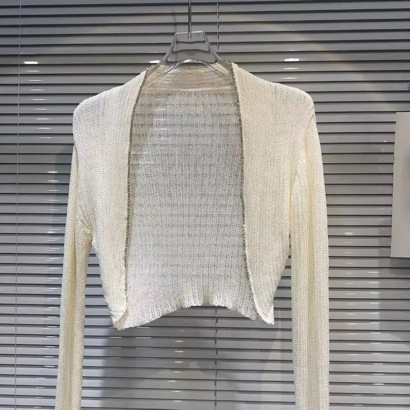 2025 Summer New See Through Cardigan Y2k Long Sleeve Sun Protection Coat Women Simple Slim Fit All-match Knitted Tops