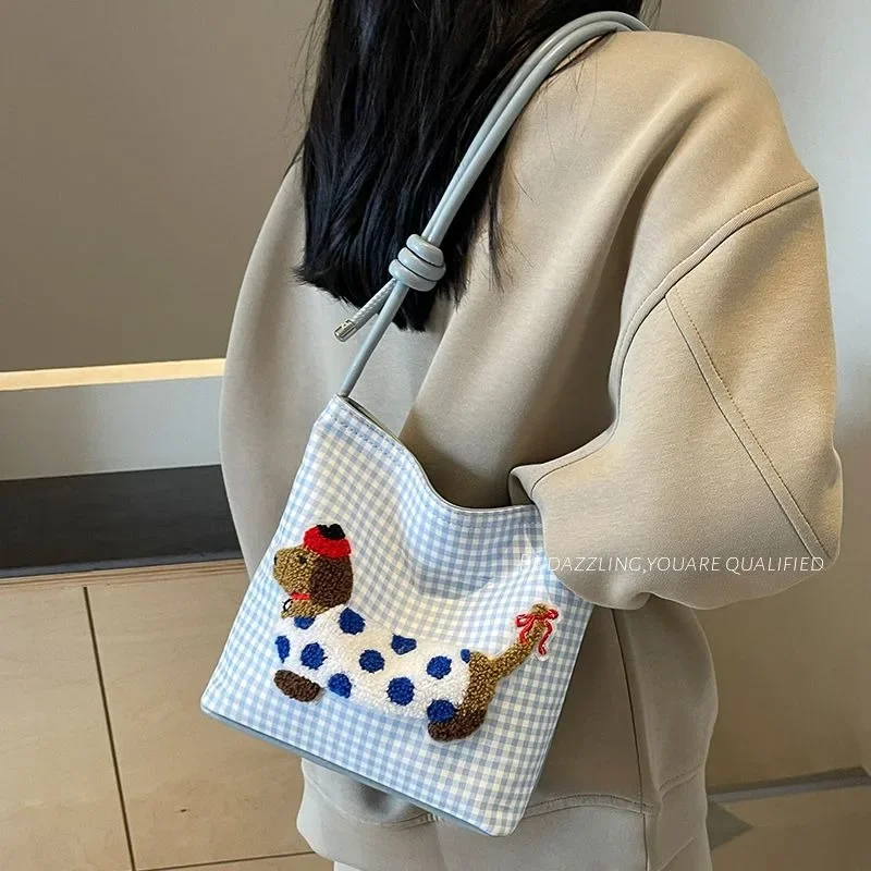 Canvas Blue Plaid Handbag Plush PU Ajustable Strap Backpack Women Dachshund Stripe Shoulder Bag Multi Purpose Crossbody Bags