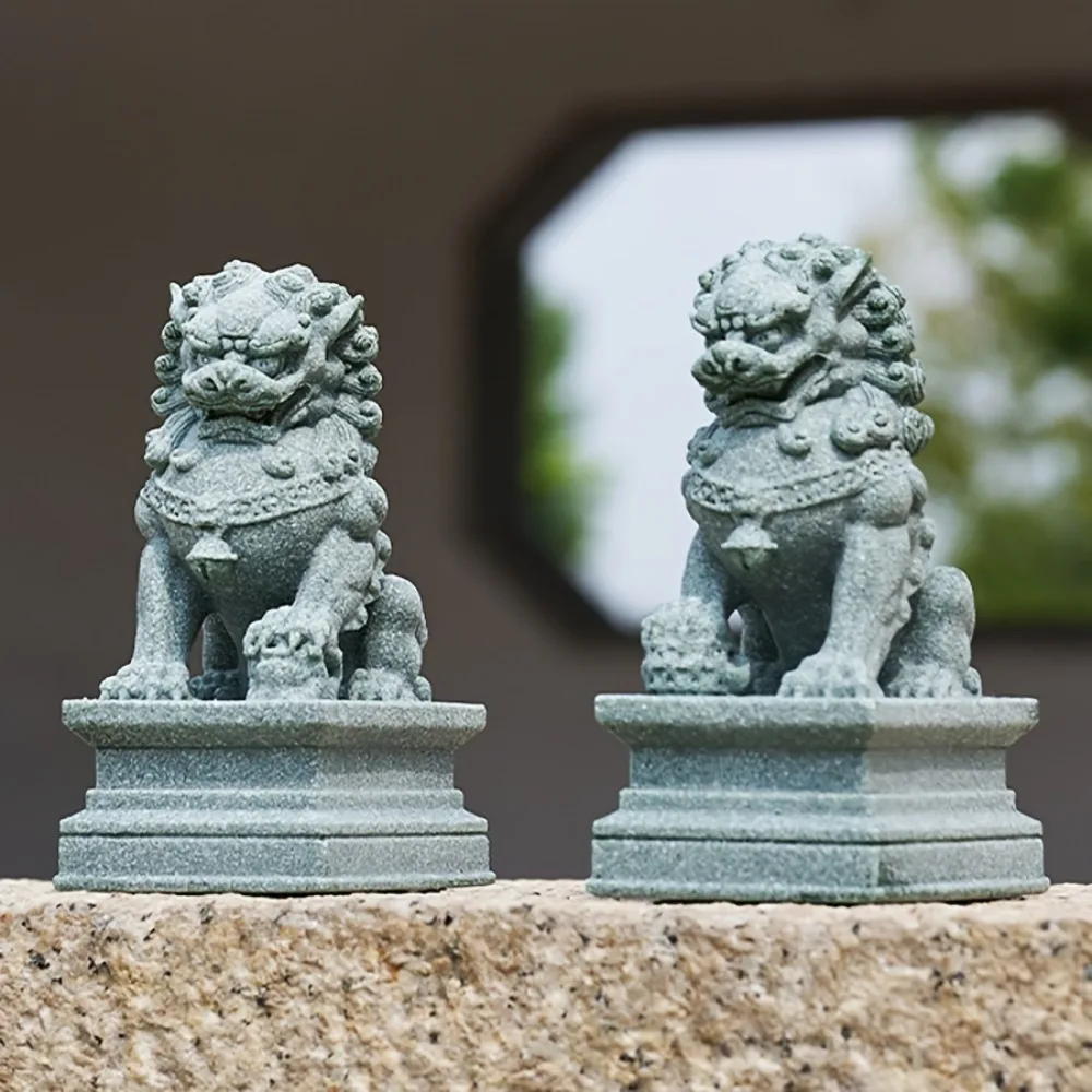 :Sandstone Mini Foo Dog Statue Set, Chinese Traditional Stone Lion Figurines, Oriental Style Desktop Courtyard Tabletop Decoration Folk‑culture Collectible Present