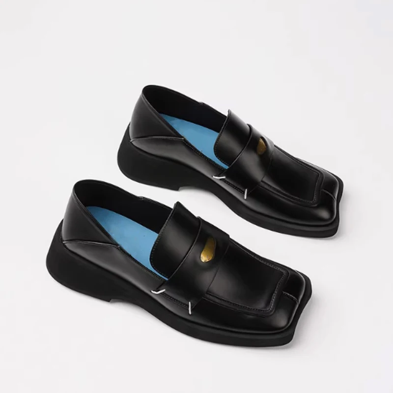 

Кожаные туфли со специальным носком и крыльями бабочки, женские черные лоферы без шнуровки на танкетке 2025, модные туфли-лодочки на массивном каблуке