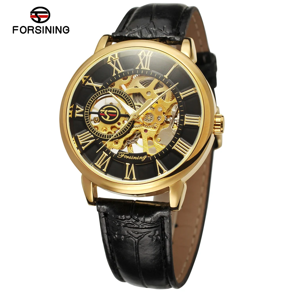 FORSINING Classic Hollow Men Wristwatch Engraved Mechanical Watches Leather Strap Roman Numeral Luminous Pointers Skeleton Clock