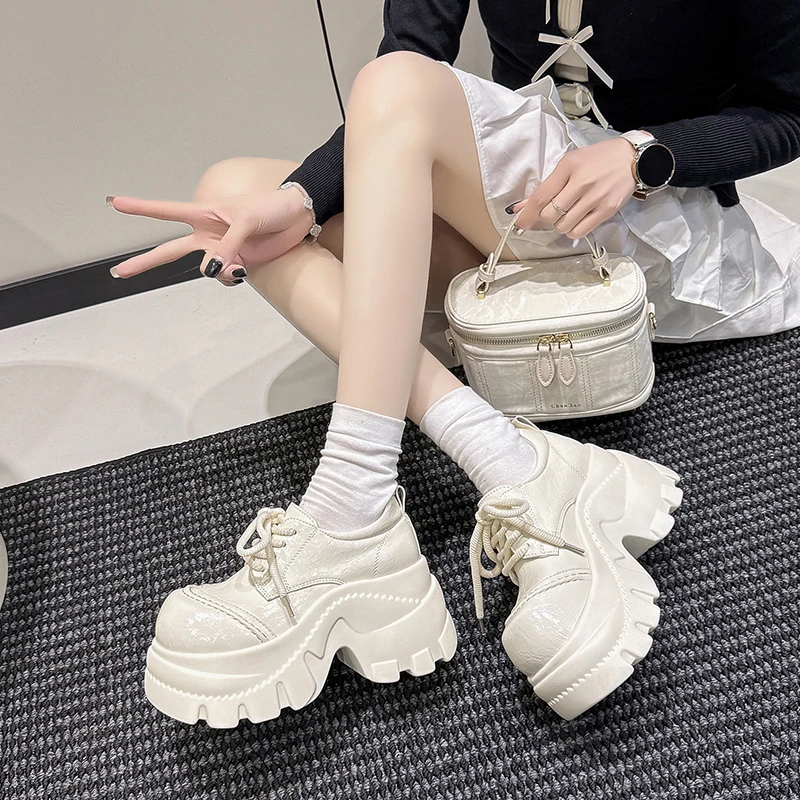 

New Women Loafers Lace-up High Platform Leather Pumps Woman Gothic Ankle Rock Boots Thick Bottom Heels Shoes 9CM talons femme