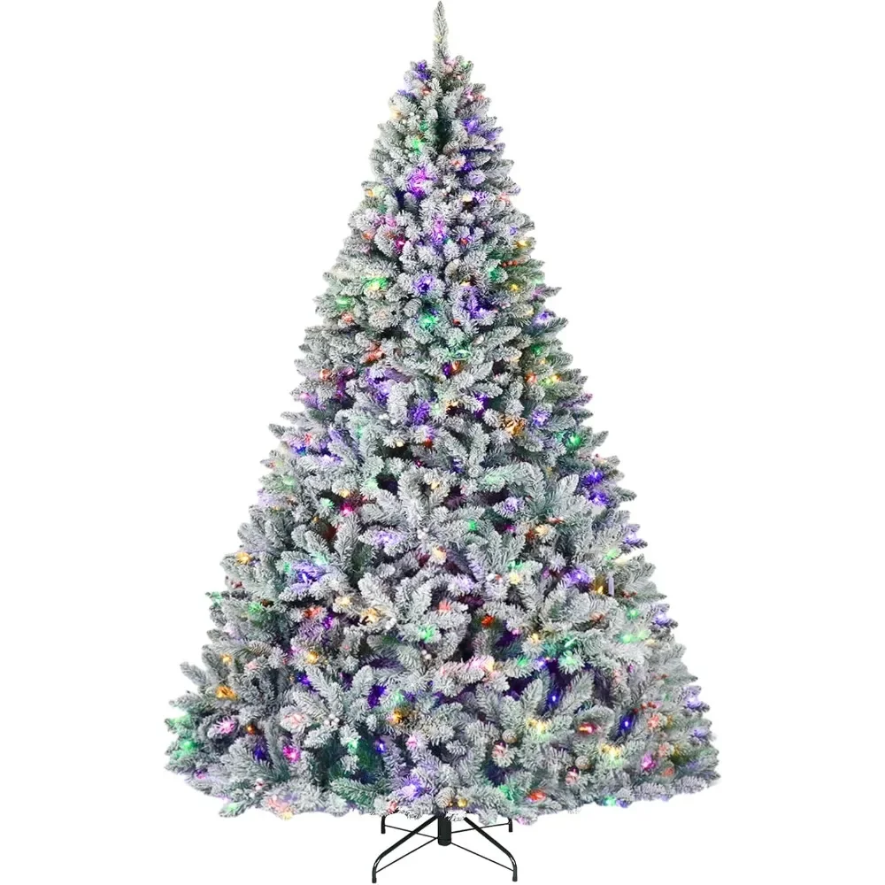 

9 Feet Pre-Lit Snow Flocked Christmas Tree, Artificial Christmas Pine Tree with 600 Multicolor LED Lights, 2100 Tips Metal Stand