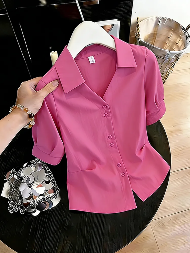 

Fashionable plus Size Short Sleeve V-Neck Shirt Women's Pink Summer Top Elegant Korean Style Commute Wind Loose Fit Regular L...