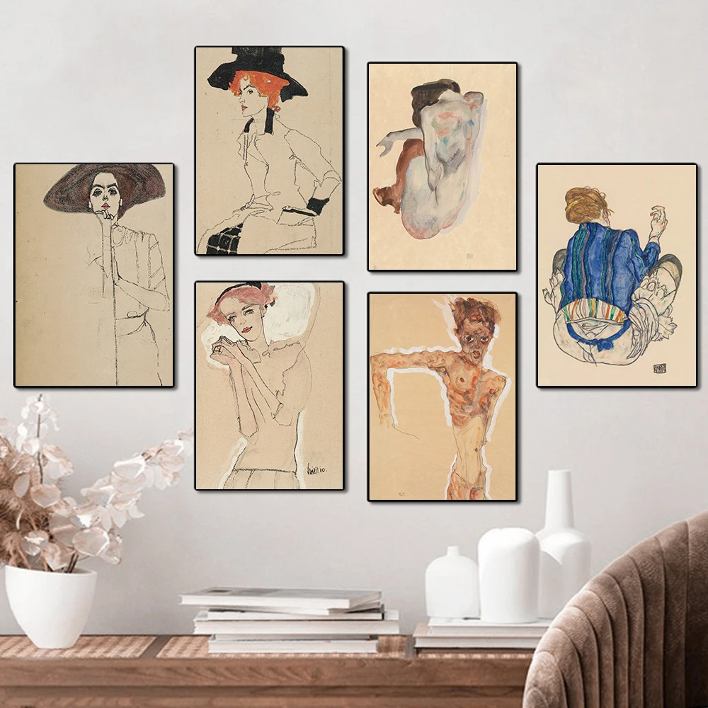 Egon Schiele Body Color Delineation Sketch Figure poster Home Decor Art Canvas Painting Modular Wall Pictures for Living Room