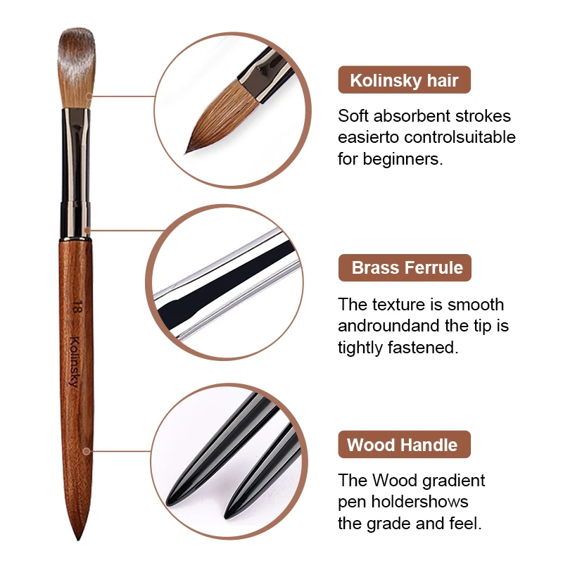 100% Pure Kolinsky Hair Acrylic Nail Brush Sandalwood Handle Nail Brush for Acrylic Application and Acrylic Power Professional