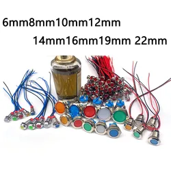 6Mm 8Mm 10Mm 12Mm 16Mm Metalen Led Waarschuwing Indicator Light Waterdichte IP67 Signaal Lamp Pilot draden Schakelaar 3V 5V 12V 220V Rood Blauw