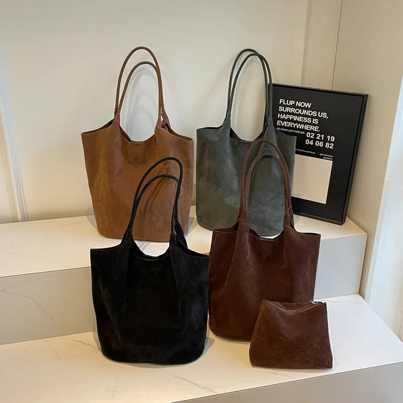 Retro Women's Suede Shoulder Bag New Solid Colors High Capacity Casual Tote Zippered Versatile Sewing Thread for Crafting