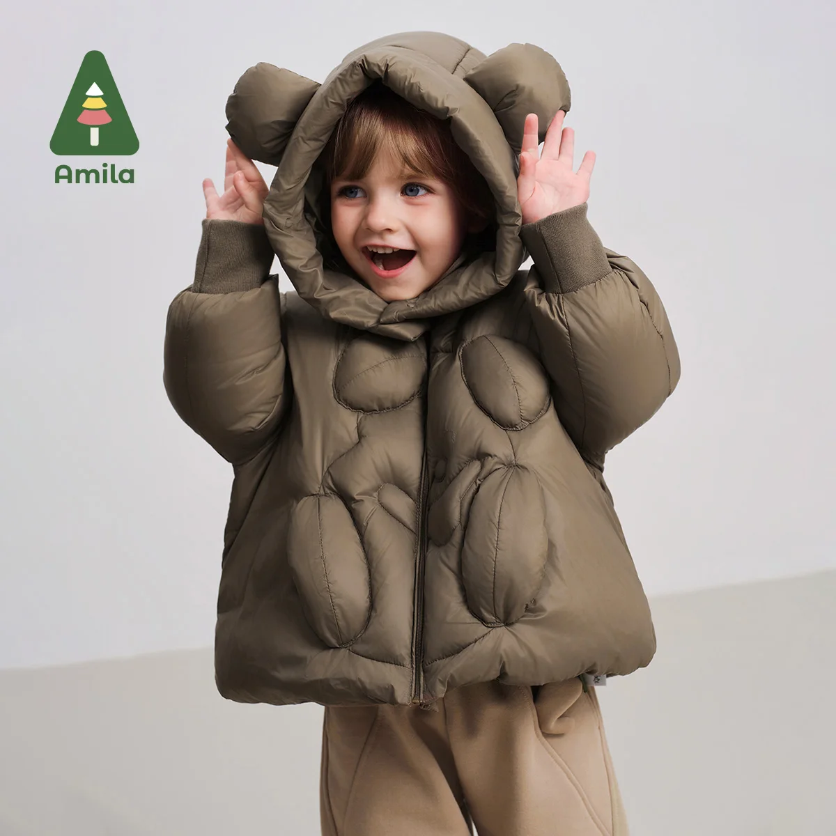 Amila Baby Down Jacket 2024 Winter New Style Boys And Girls Solid Color Bear Hooded Basic Warm Loose Casual Children’s Jacket