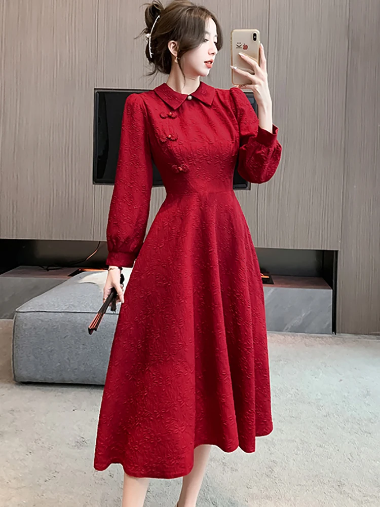 Women Red Jacquard Long Sleeve Polo Collar Midi Dress Autumn Winter Elegant Holiday Dress 2024 Korean Vintage Luxury Night Dress