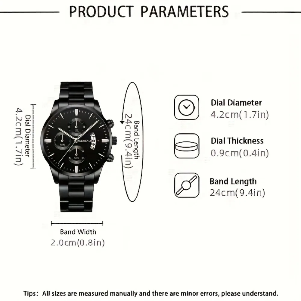 3pcs Watch Set Silvery Golden Black Fashion Men'S Calendar Watch Business Casual Stainless Steel Quartz Watch