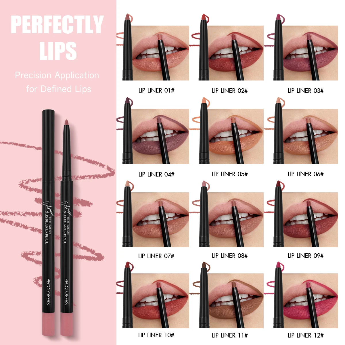 Matita per labbra opaca impermeabile a 12 colori, linee delle labbra di lunga durata facili da scivolare e difettono, morbido velluto adatto a tutti i tipi