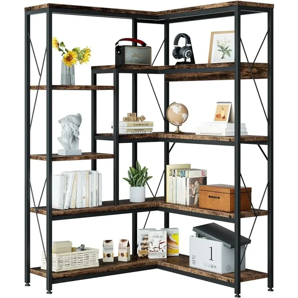 

%a Large Corner Etagere Bookcase Book Shelves on Wall 5 Tiers Corner Bookshelf Shelving for Books 70.86“ Tall L-Shaped Bookcase