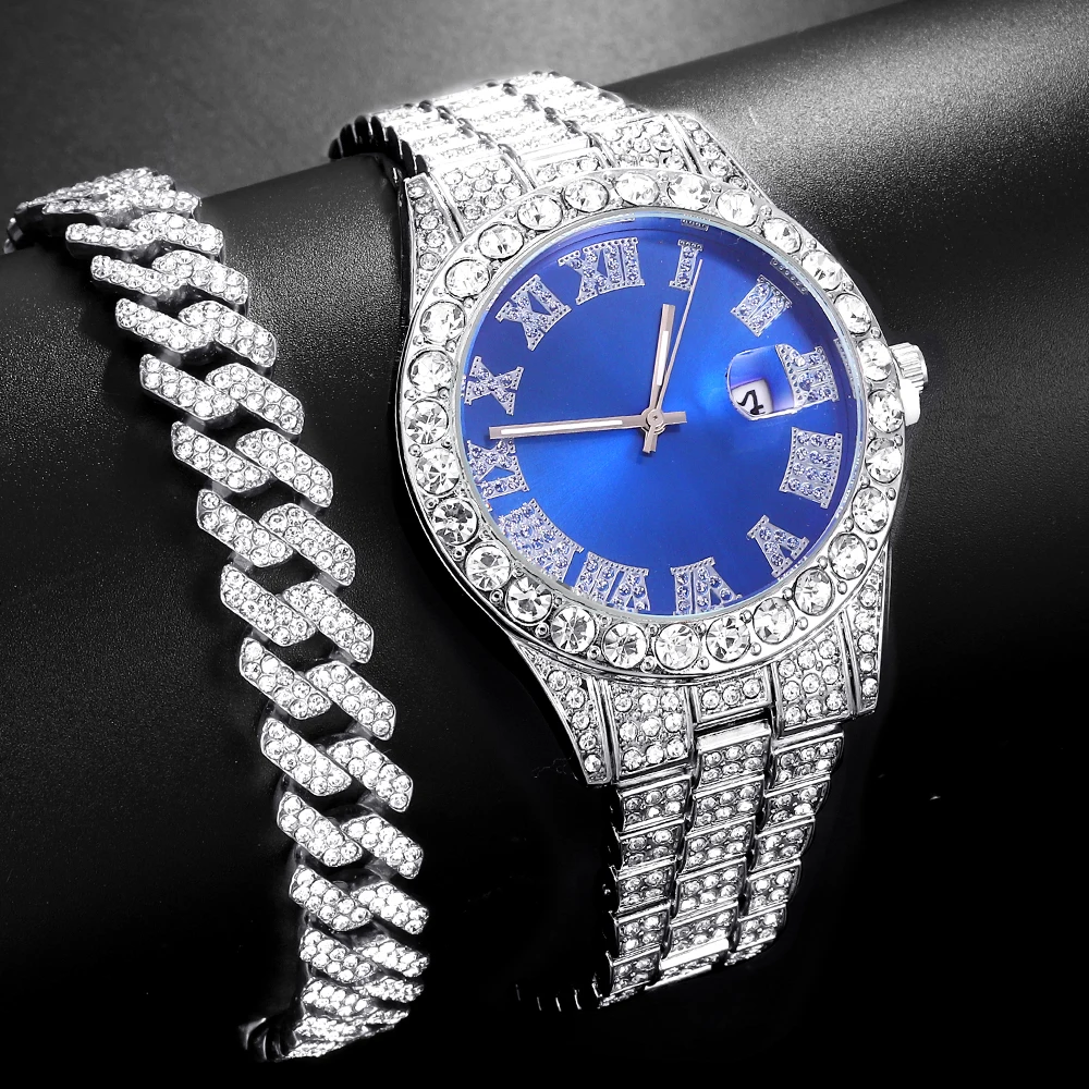 Watch For Men Diamond Iced Out Hip Hop Stylish Quartz Watches For Male Double Dial Heavry Waterproof Wristwatches Summer In