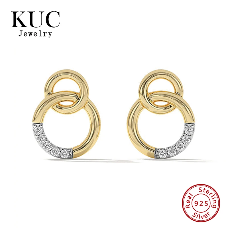 Trendy Luxury Chic Fine Jewelry Women 925 Sterling Silver 18K Gold Plated Unique Interlinked Zircon Stud Earrings