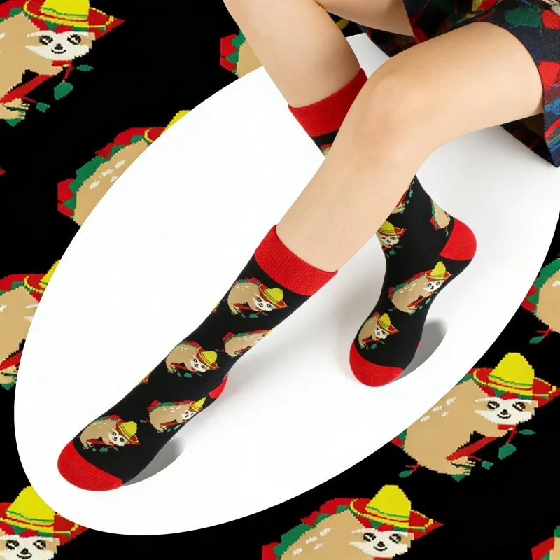 1 pair Cute Sloth with Sombrero Pattern Socks - Black & Red Contrast Stylish Mid-Calf Socks for Women