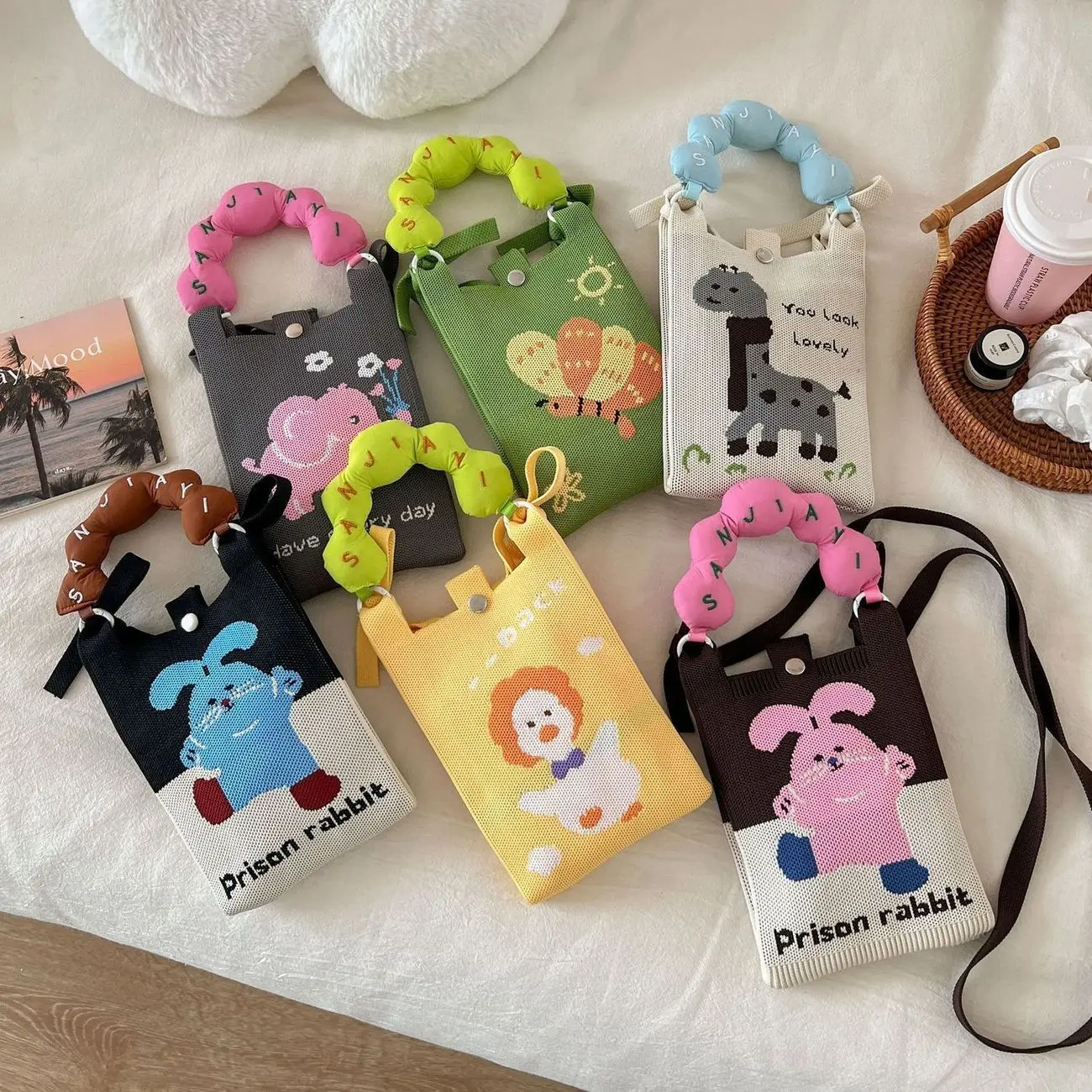 Kawaii Cartoon Knit Mini Phone Bag Women Bubble Letter Handle Detachable Crossbody Strap Random Pattern Casual Small Handbag