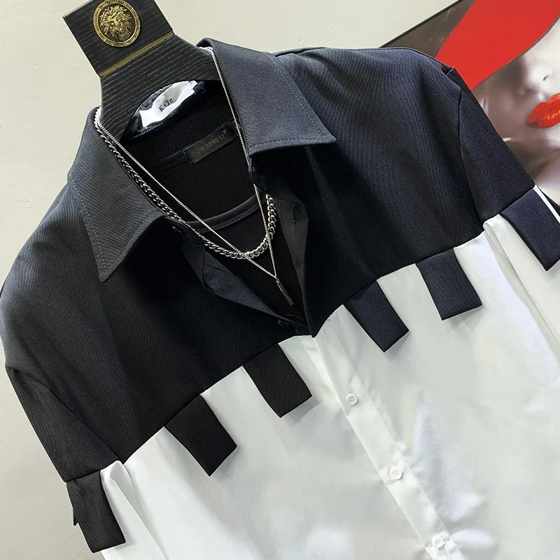 PFHQ Niche Design Color Contrast Patchwork Tassel Ribbon Men\'s Original Shirt Long Sleeve Elegant Trendy 2023 Spring New Tops