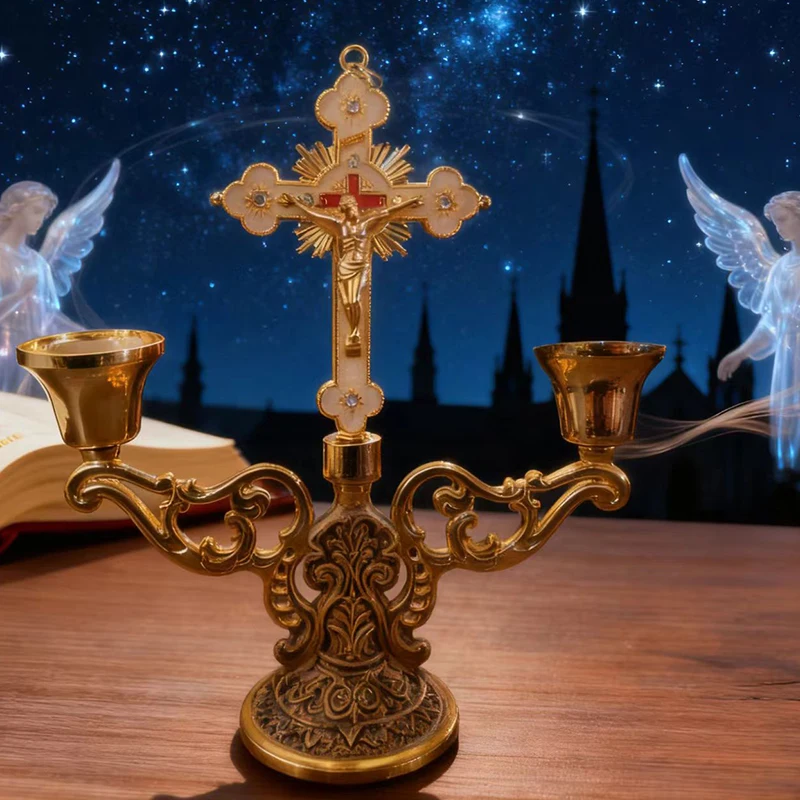 Neue Retro-Metall-Kerzenhalter im europäischen Stil aus Zinklegierung für Schabbatkerzen, Teelichter, Heimdekoration, religiöses Geschenk mit Jesus-Motiv – Detail 5