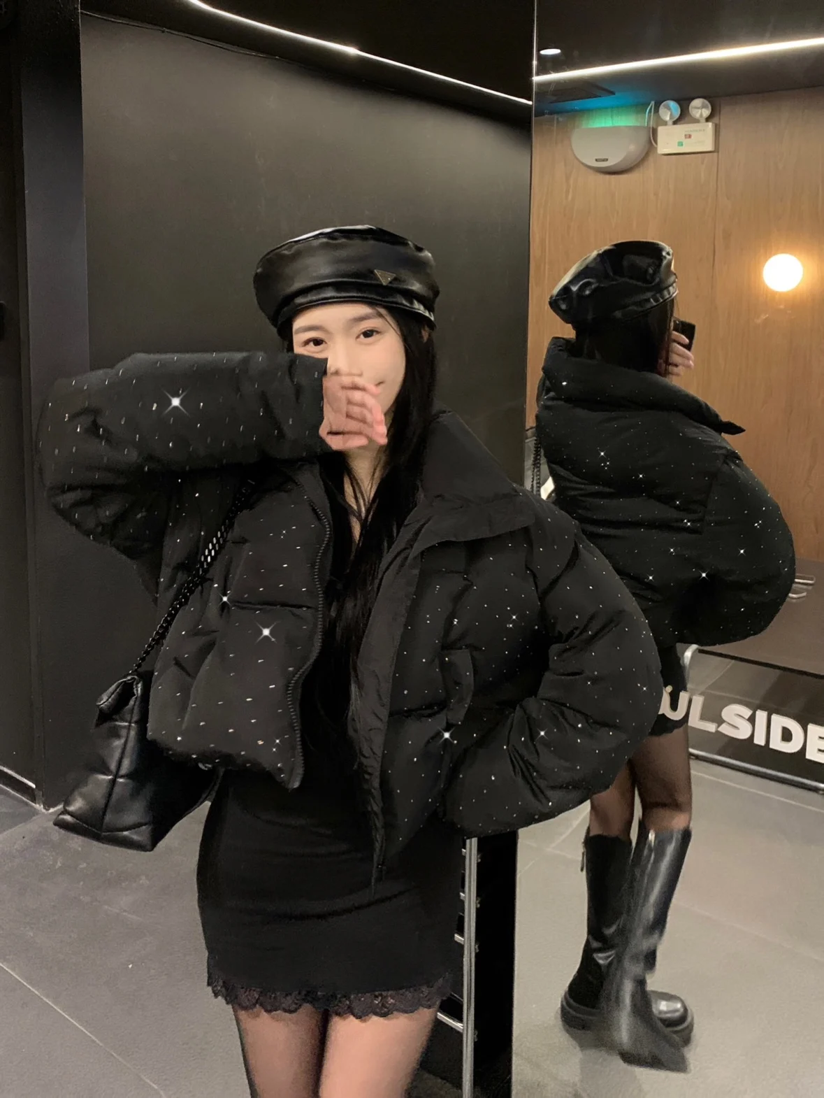 سترة Y2K للسيدات للخريف والشتاء أنيقة من الأسفل ستار دايموند شيك قصير بسحاب سترة عصرية بياقة واقفة وسترة صلبة