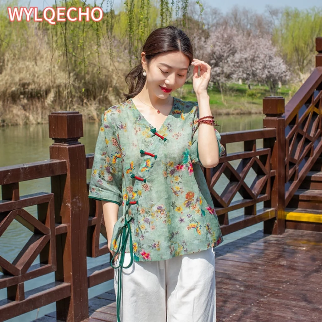 Hanfu blus musim panas wanita, atasan longgar mode Nasional leher V cetak bunga Vintage Hanfu wanita gaya China Modern