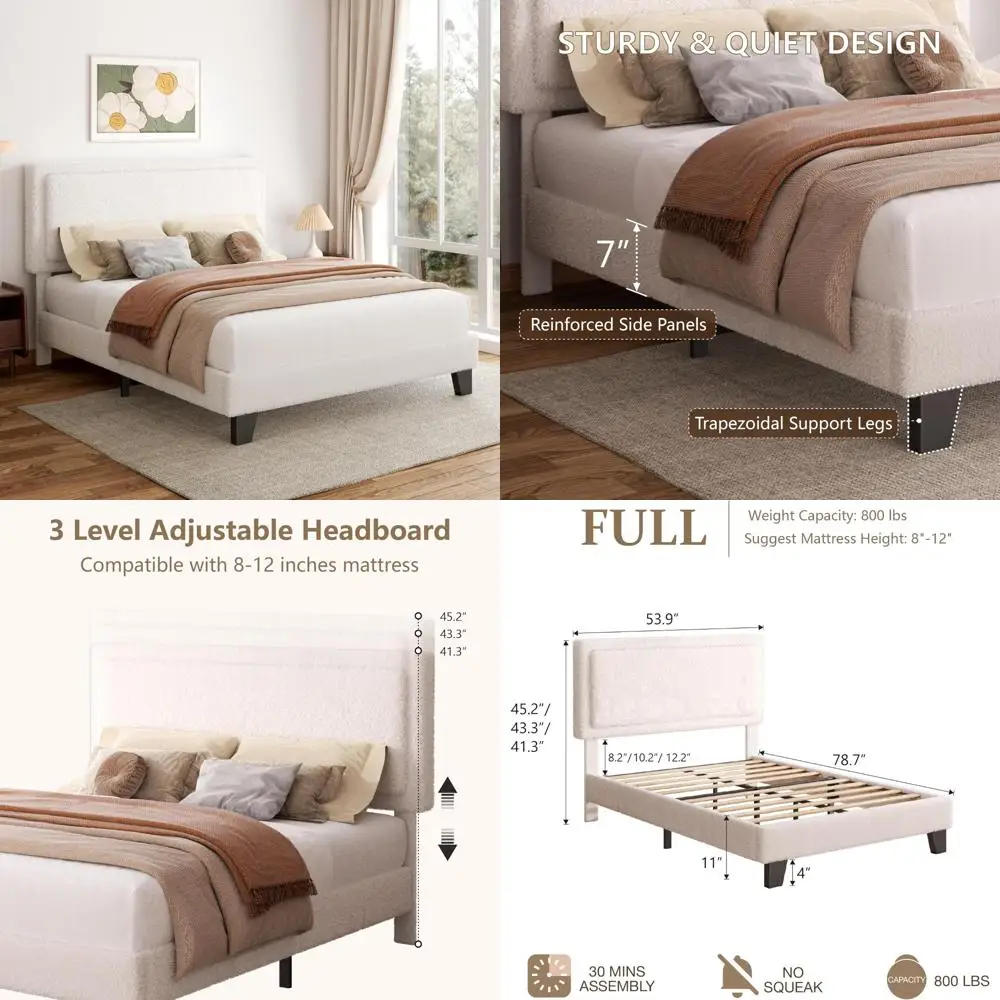 إطار سرير منجد معاصر مستوحى من السحابة مع لوح أمامي، مقاس كامل، قماش تيدي، لا حاجة إلى صندوق زنبركي #1