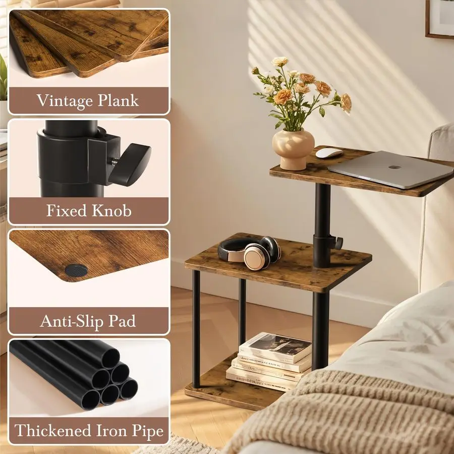 

360 Swivel Side Table for Height Adjustable, C Shaped End Table for Couch with Storage, 3Tier Night Stand with Open Shelf, Tv Tr