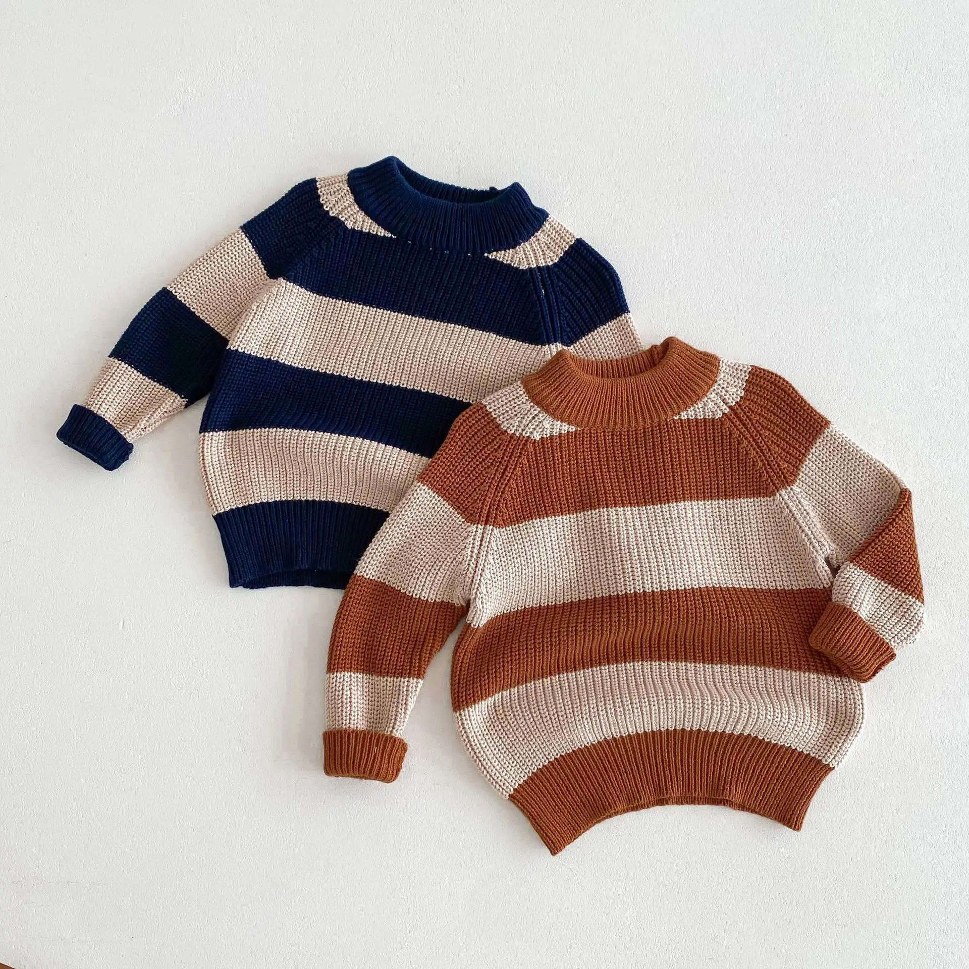 

Children Knitted Sweater 2024 Autumn New Boys Patchwork Striped Knitwear Toddler Girls Versatile Casual Pullover Kids Knit Tops