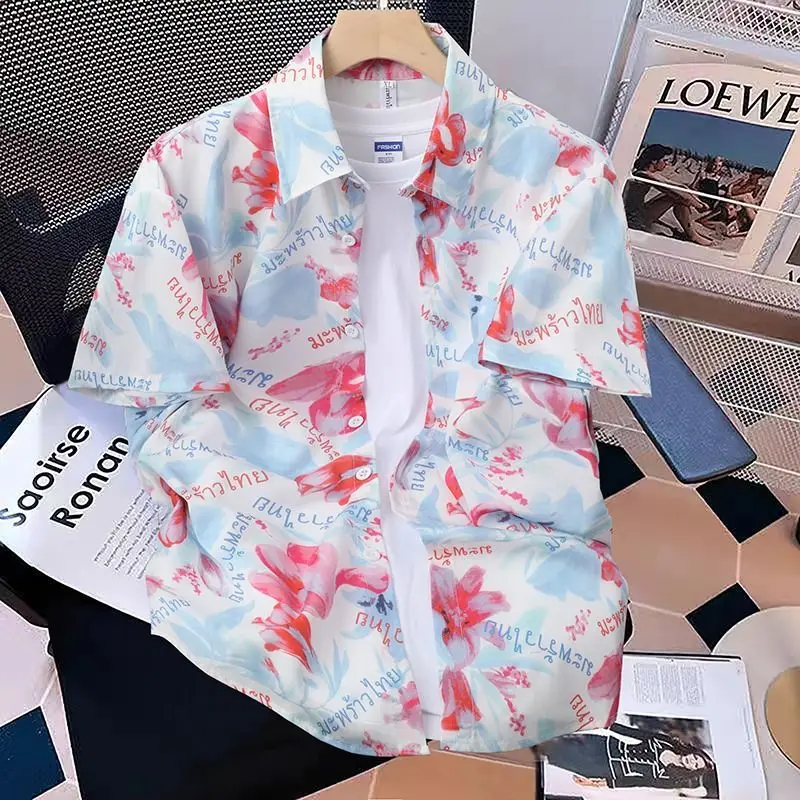 

Летняя трендовая стильная пляжная рубашка в стиле панк с короткими рукавами и цветочным принтом, новая повседневная свободная рубашка, куртка с принтом в гавайском стиле