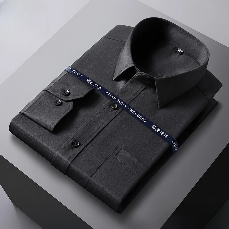 Men Formal Shirt Long Sleeve Office Solid Color Anti-Wrinkle Fashion Business Pocket White Social Pocket Shirts 5XL 6XL 7XL