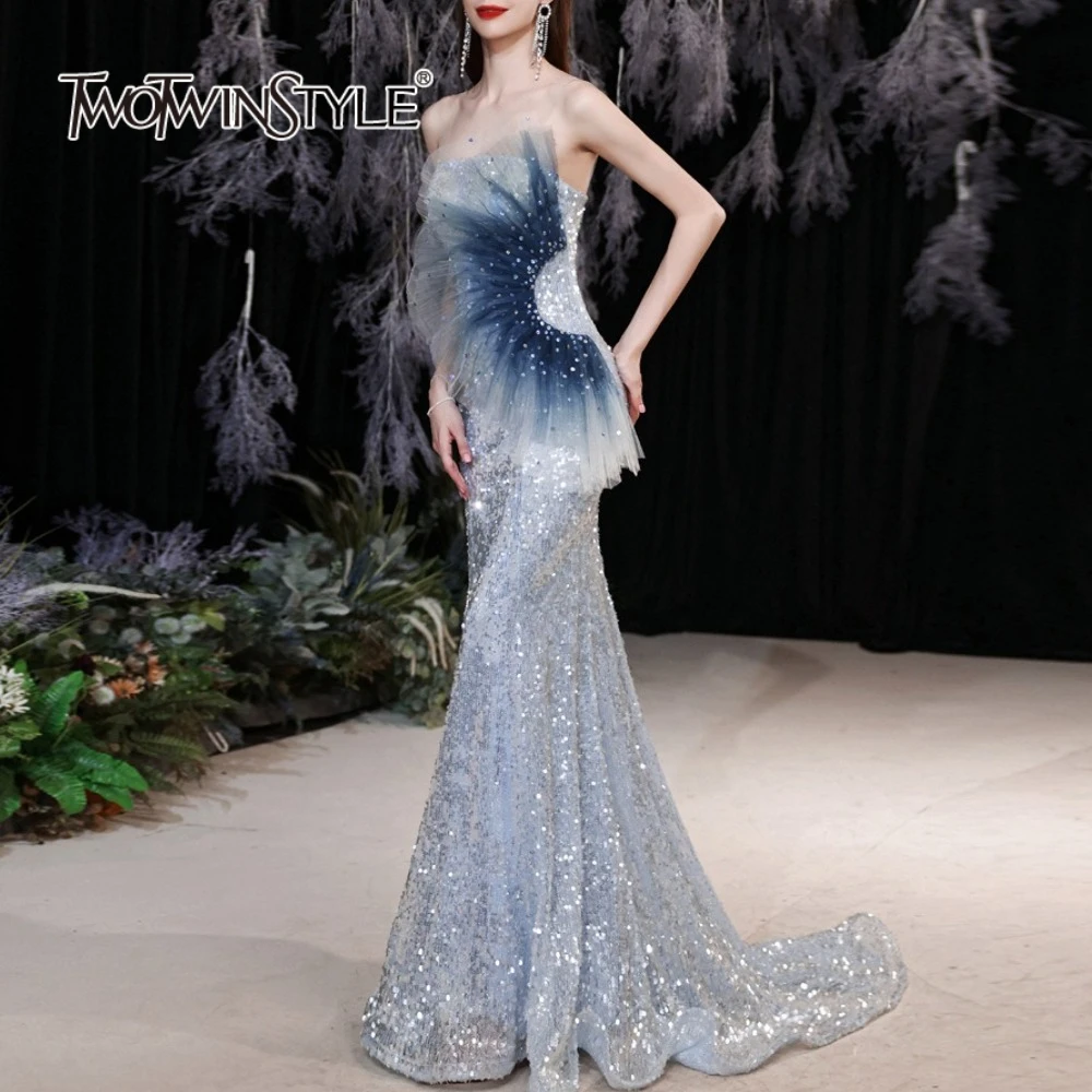 

TWOTWINSTYLE Gradient Spliced Sequins Elegant Dresses for Women Strapless Sleeveless Patchwork Bead Mermaid Dress Female Fashion
