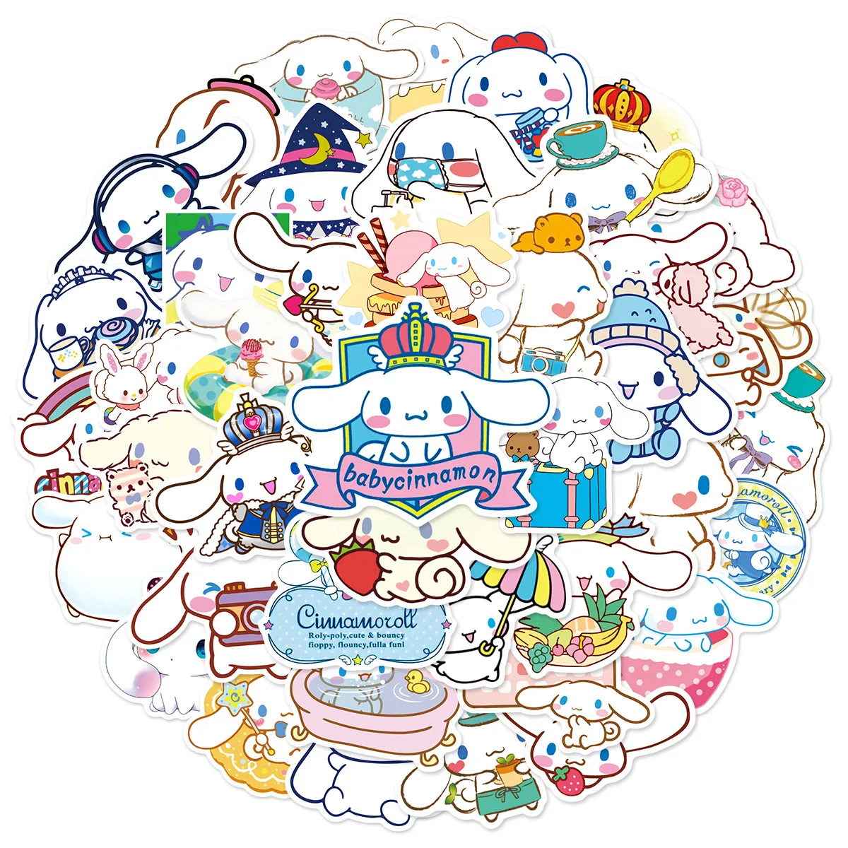 Pegatinas de dibujos animados de Anime Cinnamoroll, calcomanías decorativas para teléfono, equipaje, nevera, coche, monopatín, Kawaii, Sanrio, 10/50