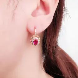585 purple gold ruby flower earrings for women14K rose gold inlaid crystal elegant wedding high jewelry accessories gift