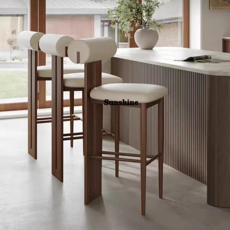 Nordic Luxury Modern Leather Wooden Bar Stool Walnut Industrial Bar Stools Counter Height High Bar Chairs for Restaurant  FT