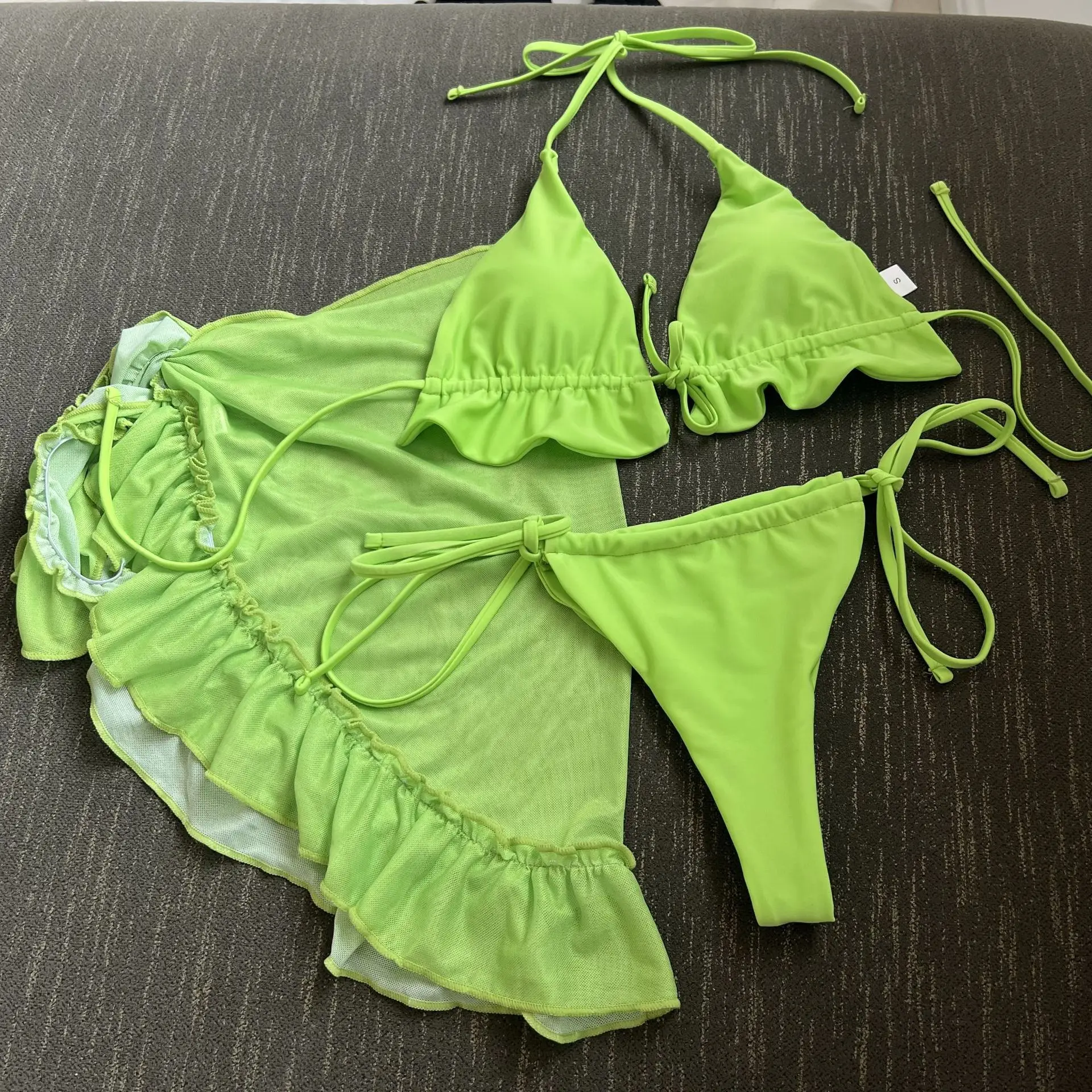 Sexy Mikro-Bikini-Sets mit Kordelzug, 3-teilig, mit Rüschen, Netzstoff-Abdeckung, Rock, Badeanzug, Badeanzug, Strand-Outfits, Biquini, Tankini